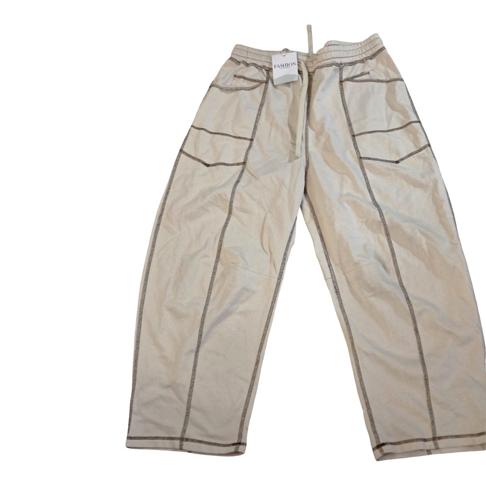 Fashion Clothing Cream Barrel Leg Joggers Contrast Seam Drawstring Pants Large